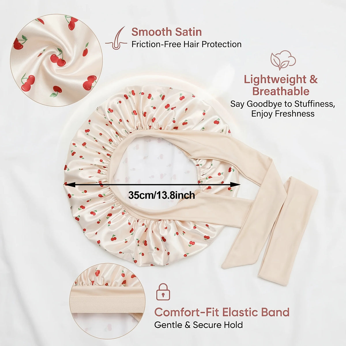 Bonnet de nuit en satin beige à la fermeture à la dentelle, mettant en valeur sa finition lisse et son élastique confortable.