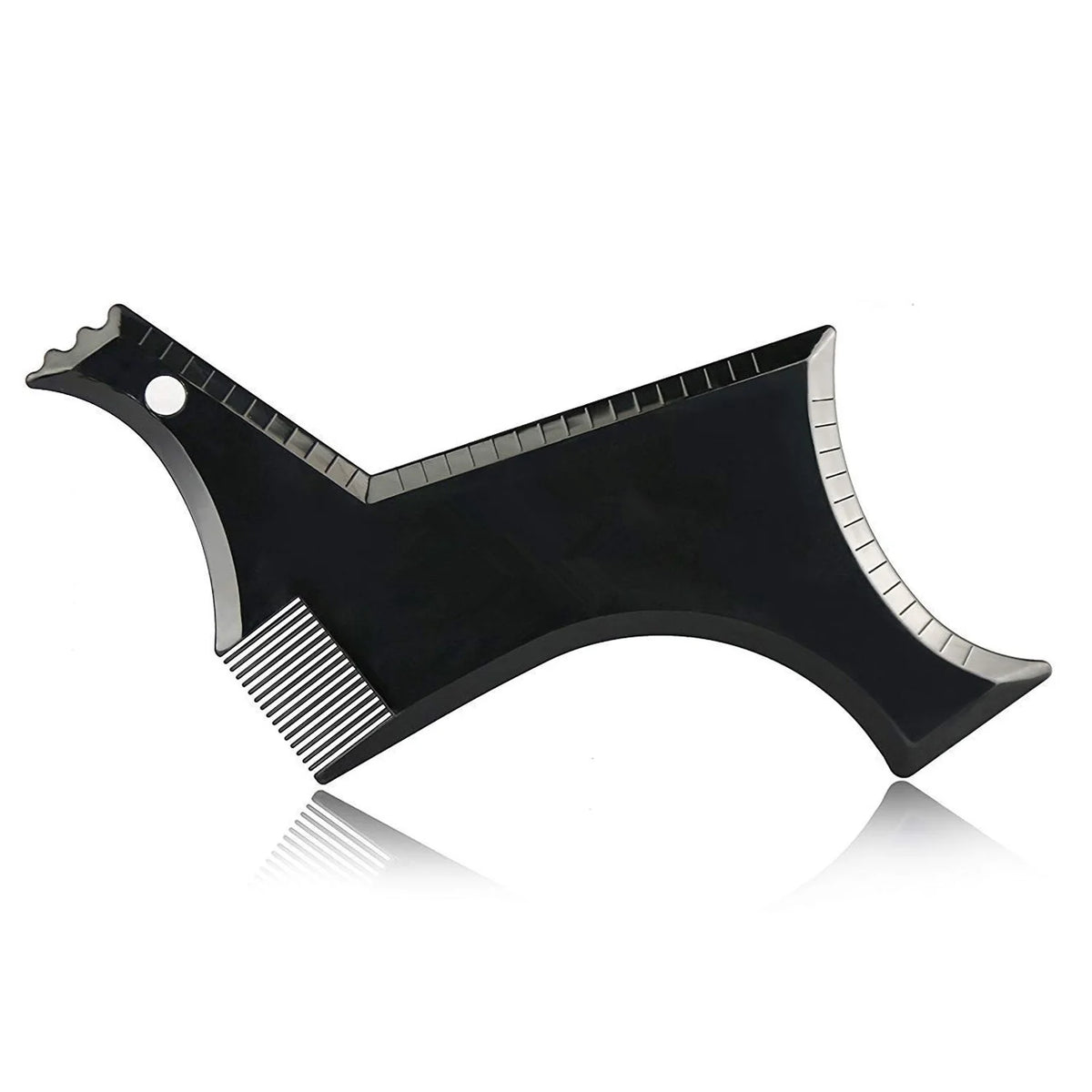 Black all-in-one beard styling template and comb with a curved shape
