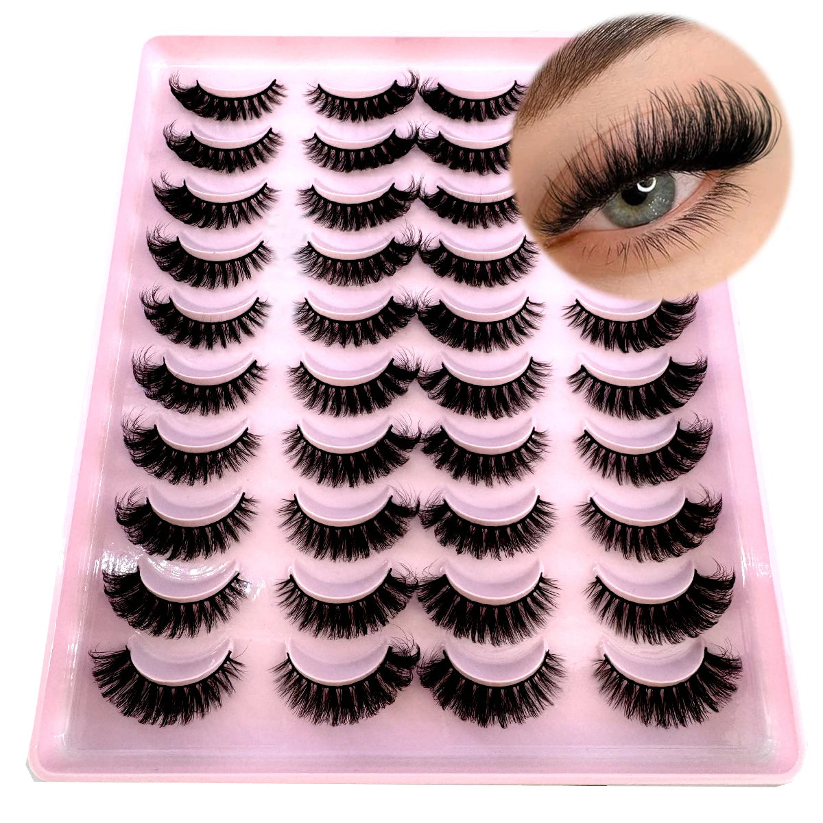 Plateau en plastique rose contenant un kit de faux cils de renard naturels et un mannequin pour les yeux.