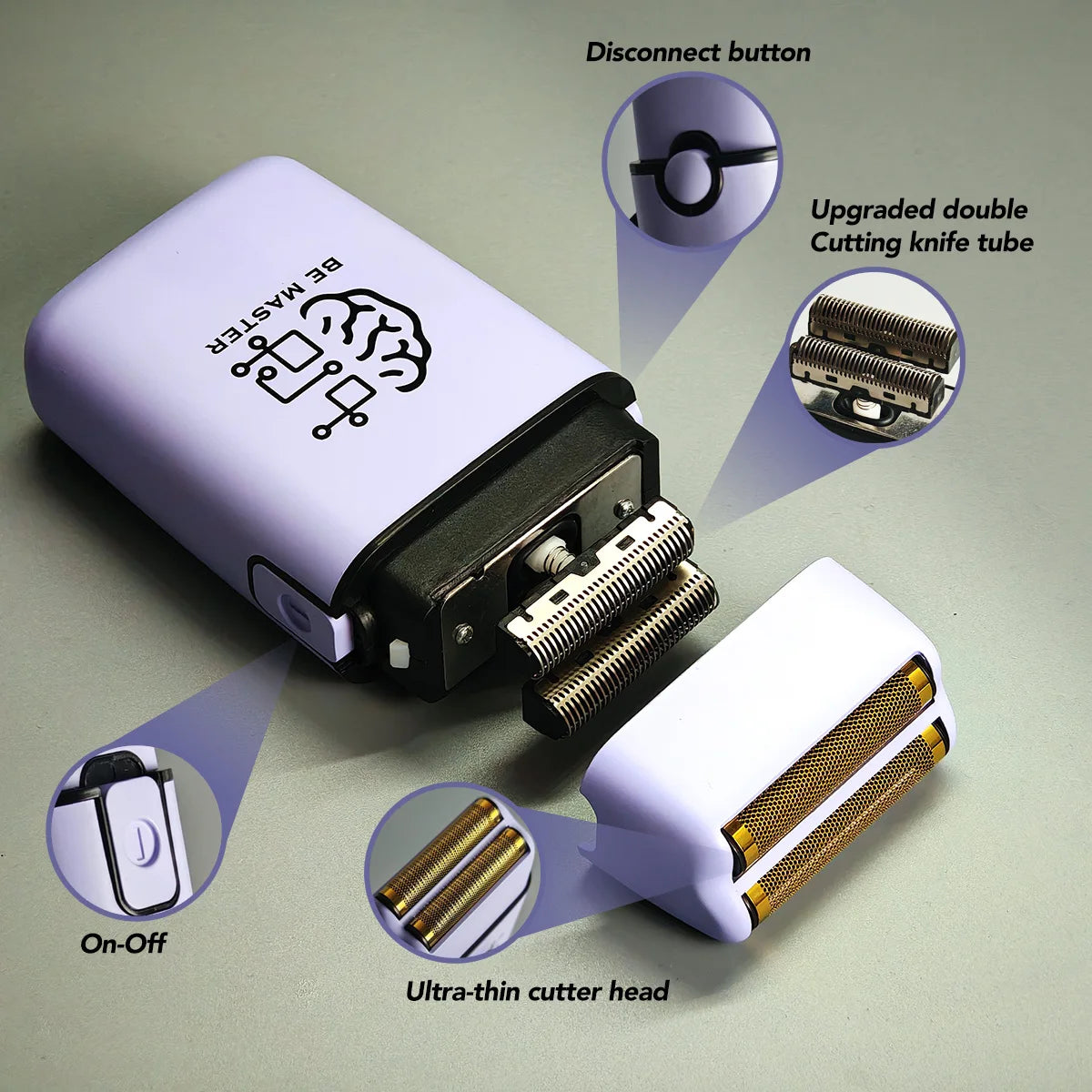 A professional multi-function hair grooming kit showing various components including a main body, a disconnect button, an upg