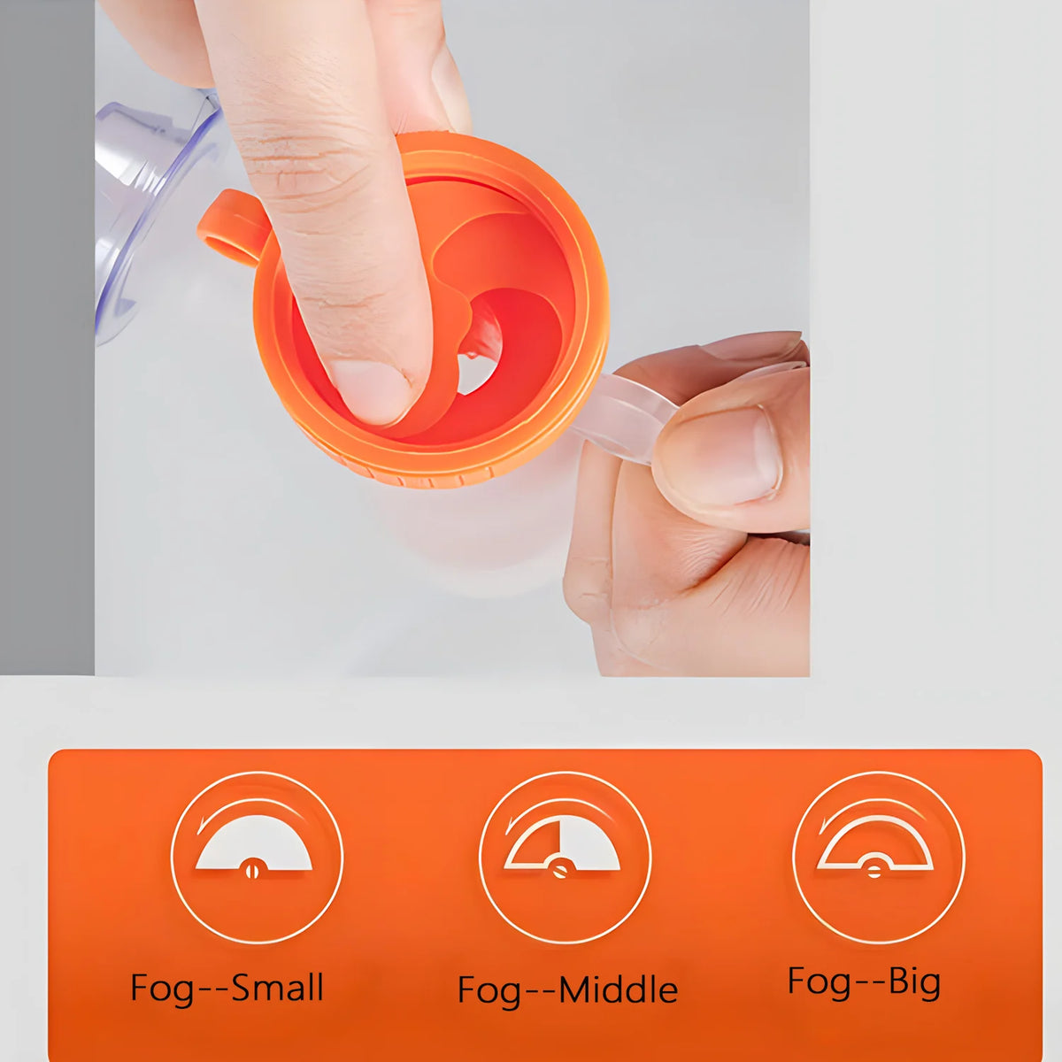 A hand is squeezing an orange medical compression nebulizer device to produce fog.