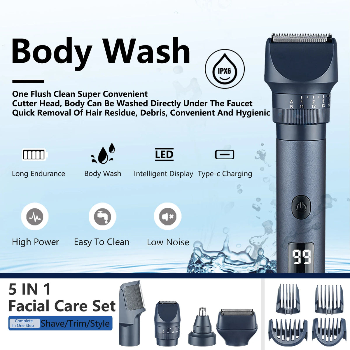 A set of five in one facial care grooming tools including a cutter head, trimmer, and various beard trimmers.