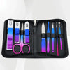 A black travel case holding various professional stainless steel manicure and pedicure tools in iridescent colors.