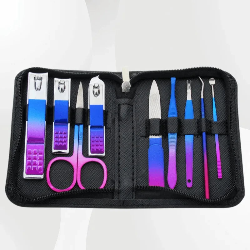 A black travel case holding various professional stainless steel manicure and pedicure tools in iridescent colors.