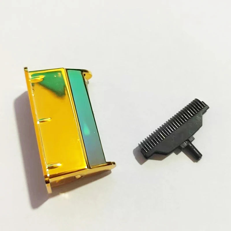 A replacement blade for a foil shaver, featuring a yellow and teal colored metal component.