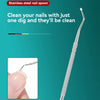 A stainless steel nail spoon is shown next to a close-up of a finger using the tool.
