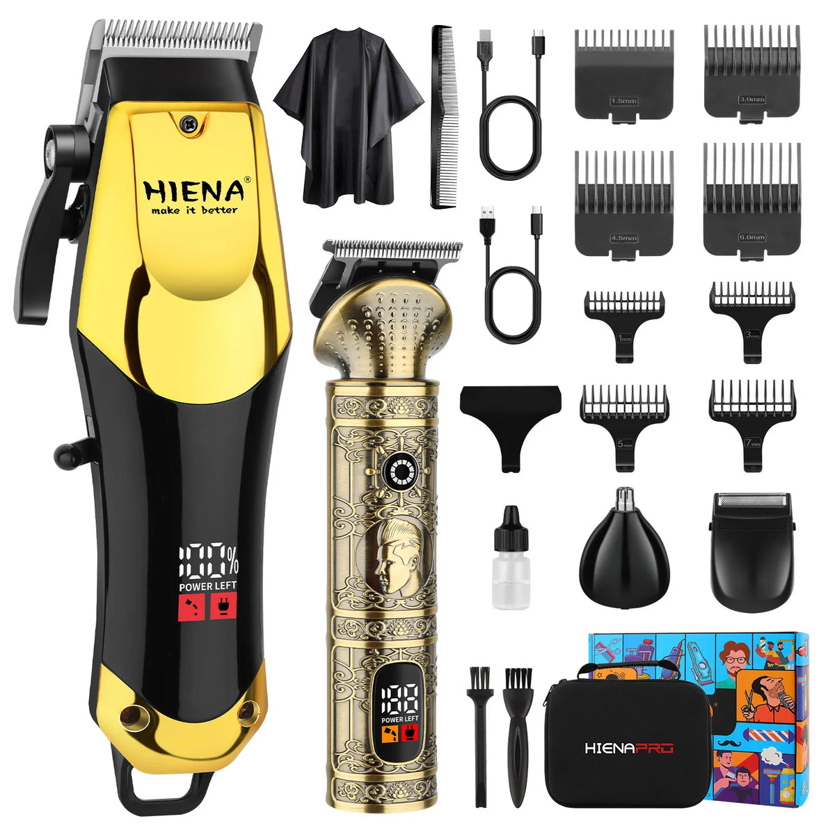 A collection of HIENA Pro rotary hair trimmers and grooming tools in black and gold.