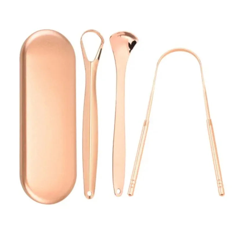 A set of rose gold reusable stainless steel tongue scrapers for oral hygiene