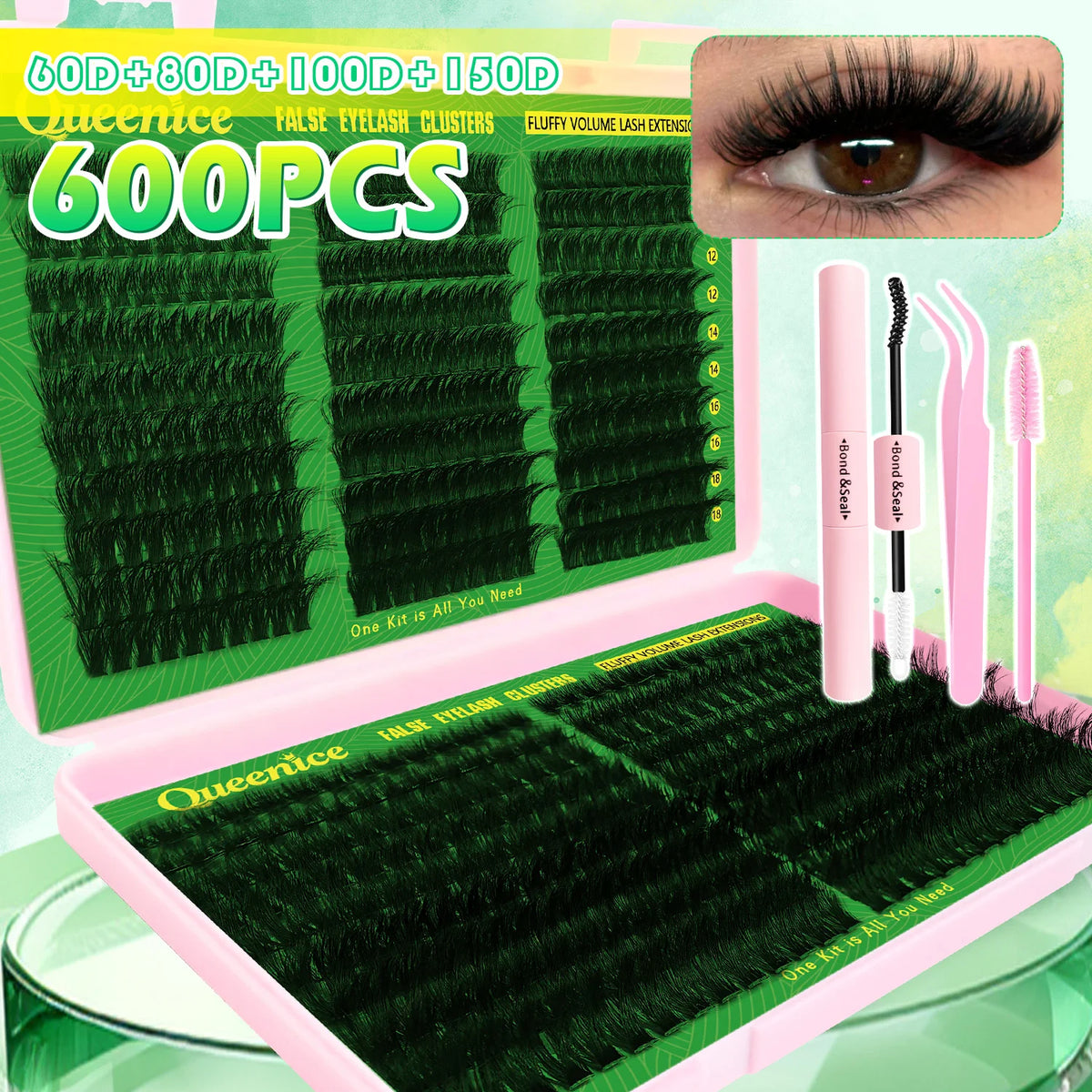 A box of Queenice false eyelash clusters featuring 600 pieces, packaged for DIY use.