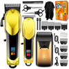A professional rechargeable hair clipper grooming kit showing various clipper guards and tools in black, gold, and silver.