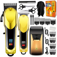 Kit de coiffage rechargeable pour tondeuse à cheveux, avec diverses déflecteurs et outils en noir, or et argent.