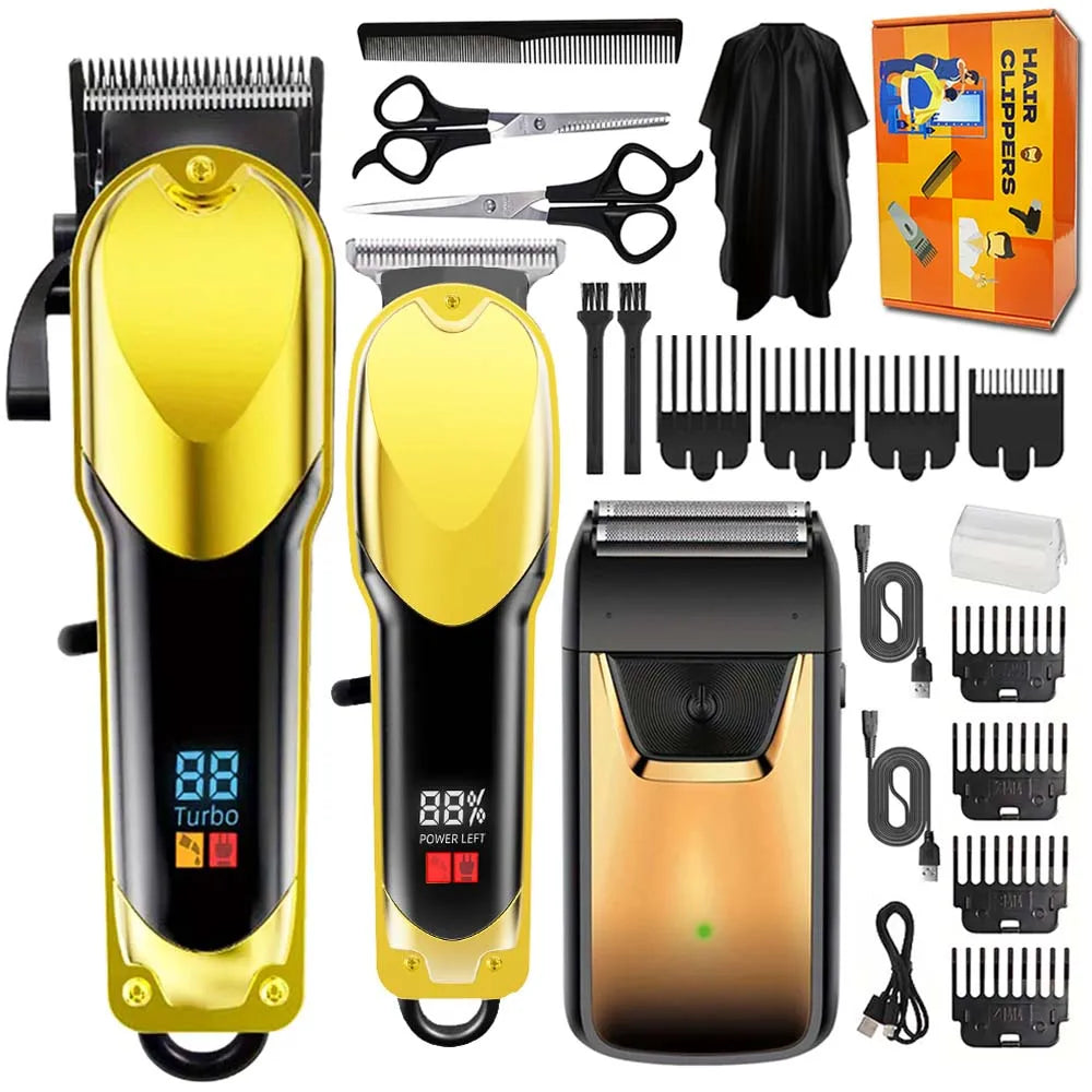 A professional rechargeable hair clipper grooming kit showing various clipper guards and tools in black, gold, and silver.