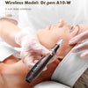A hand wearing a glove is using a Dr.pen A10-W wireless microneedling pen on a person's face.