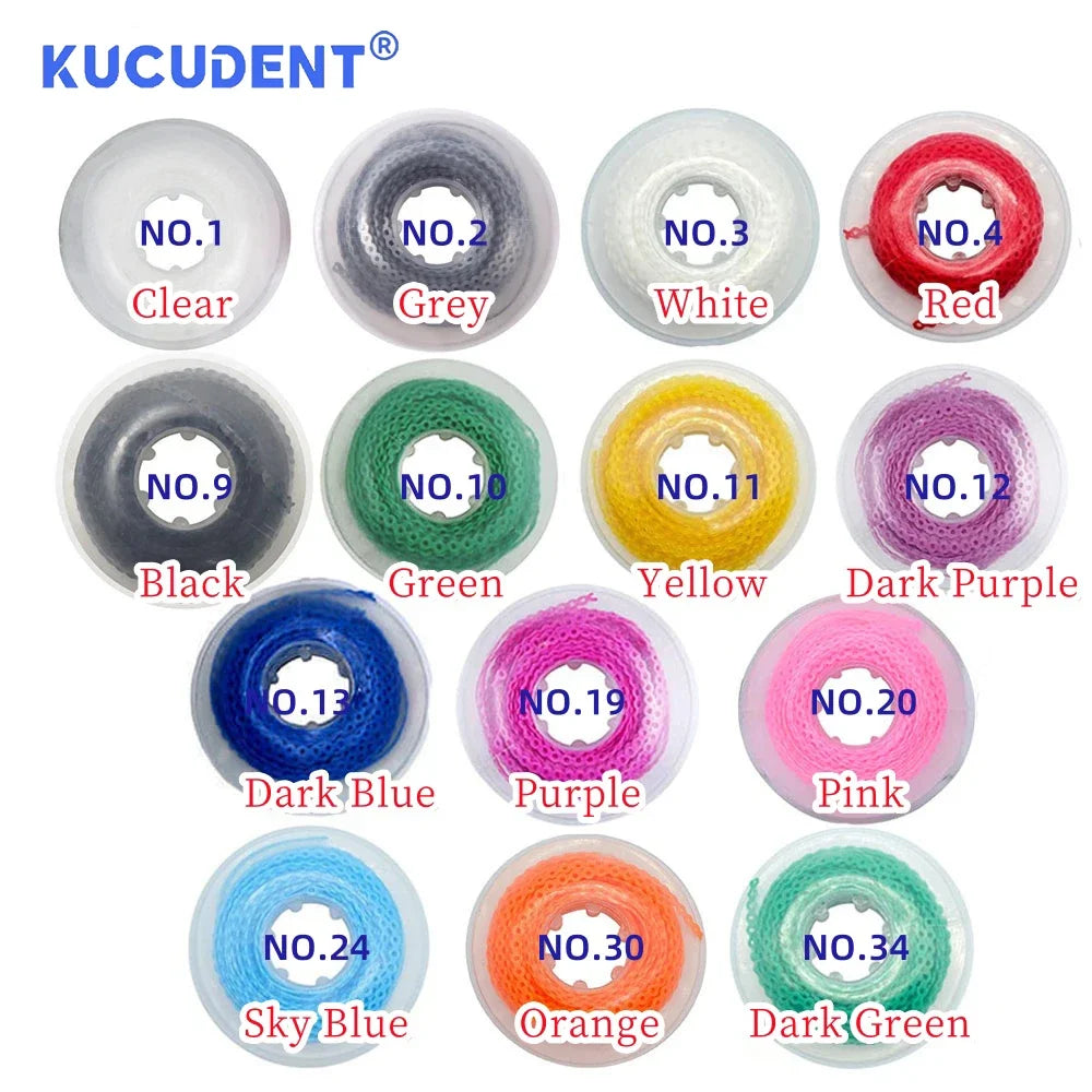 A collection of various colored dental orthodontic power chain elastic rubber bands labeled NO.1 through NO.34.