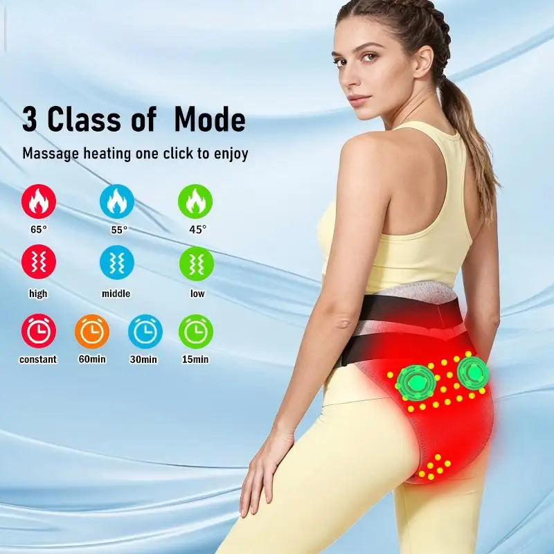 A woman wearing a yellow outfit is using a red abdominal heating pad for massage and pain relief.