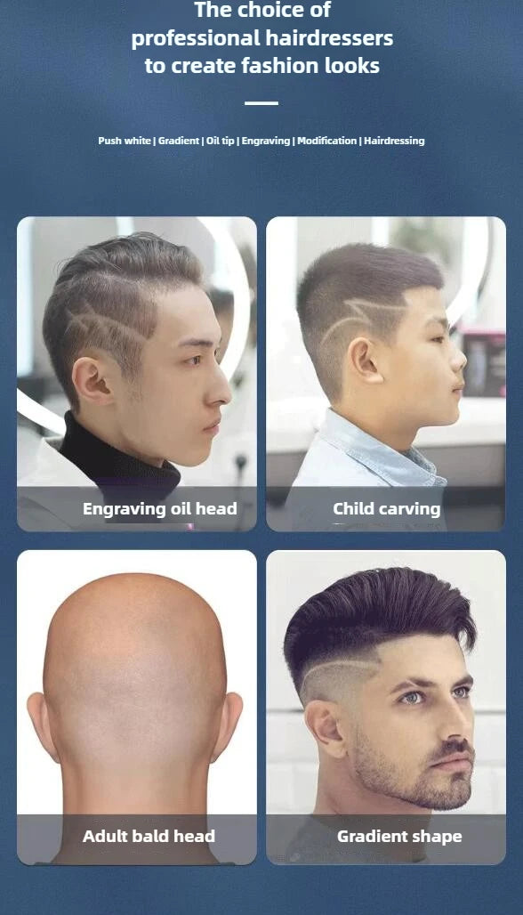 A collage showing various professional hairdressing techniques including engraving oil heads, child carving, adult bald head,