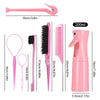 A pink 7-piece hair styling kit including a brush, comb, and 200ml spray bottle.