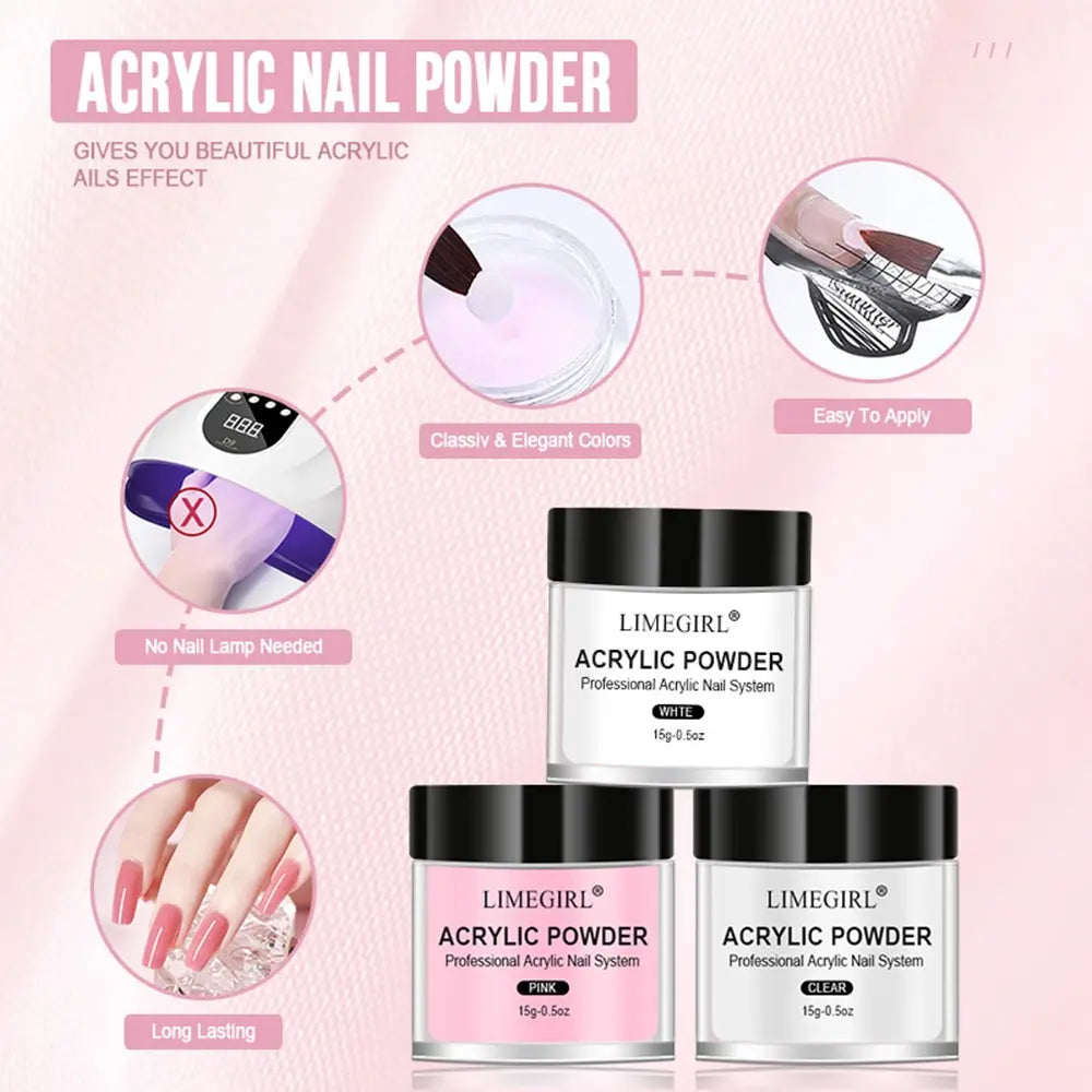 Packaging of Limegirl Acrylic Powder for professional nail systems including white, pink, and clear options