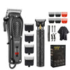 A black professional cordless hair trimmer kit showing various attachments and the main unit.
