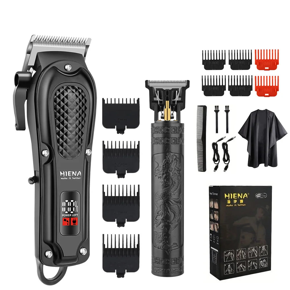 A black professional cordless hair trimmer kit showing various attachments and the main unit.