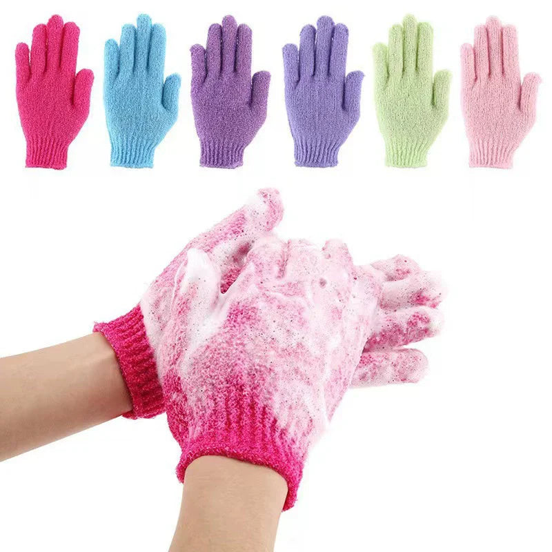 A set of colorful exfoliating mitts and a pink knitted glove are displayed on a hand.