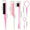A collection of pink hair styling tools including a rat tail comb, a wide-tooth comb, and an edge brush.