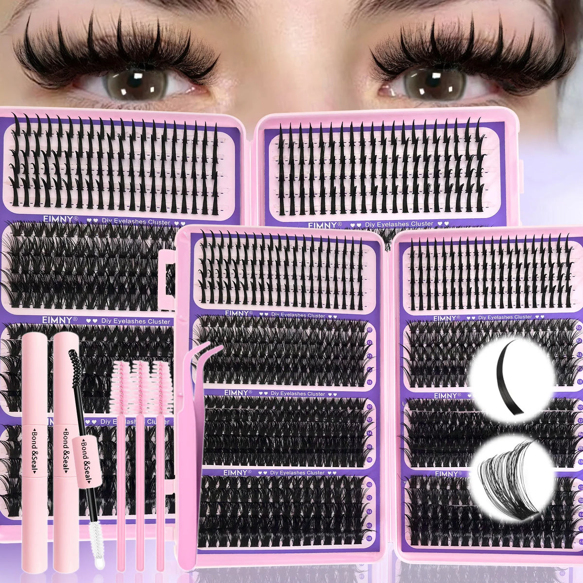 DIY-Falsche-Wimpern-Kit in Pink und Schwarz mit sieben Stilen in Verpackungskisten.