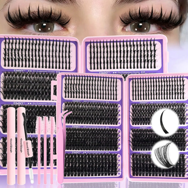 A pink and black DIY false eyelash kit with seven styles displayed in packaging boxes.