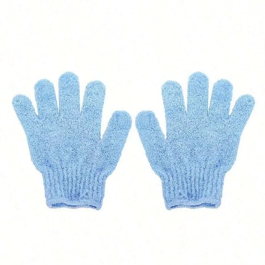 Une paire de gants exfoliants pour le corps bleu clair.
