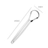 Stainless steel tongue scraper shown with dimensions 14.6cm in length and 3.6cm width.