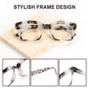 Stylish frame design of blue light blocking reading glasses with a tortoiseshell and leopard print pattern.
