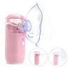 Dispositivo nebulizador ultrasónico portátil rosa con máscara transparente y tubo pequeño.