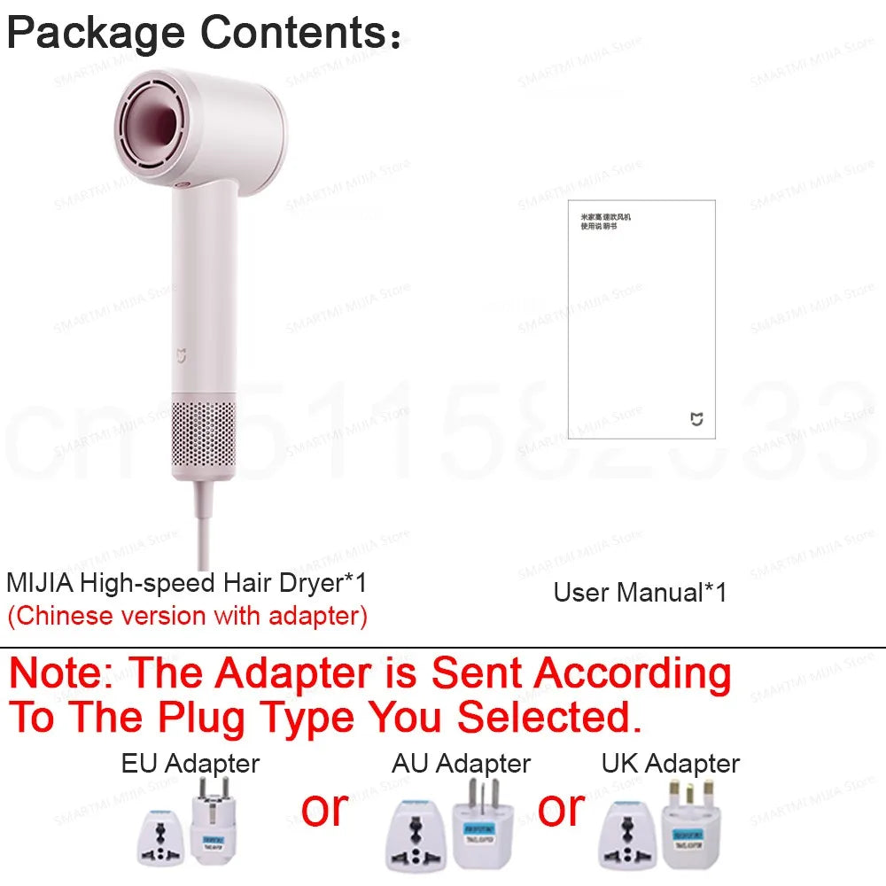 A white Mijia high-speed hair dryer with a detachable nozzle and various plug adapters shown.