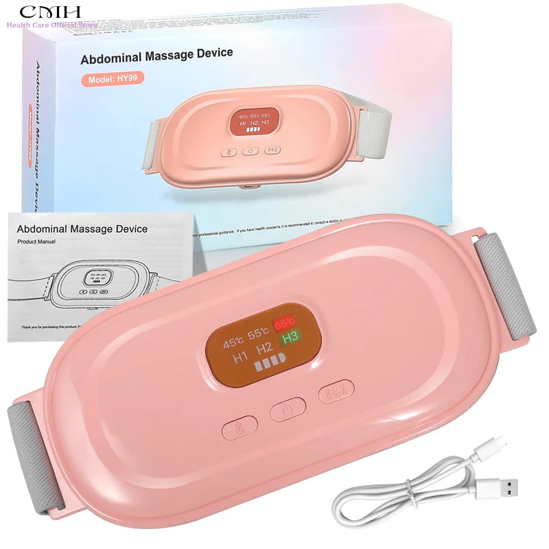 A pink heated abdominal massage device and its accompanying power cord are shown.