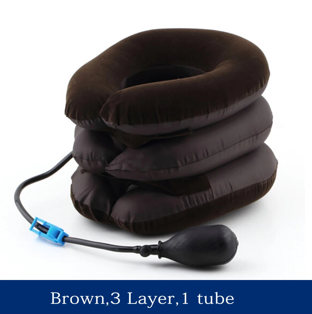 Brown inflatable cervical neck traction pillow with three layers and one tube