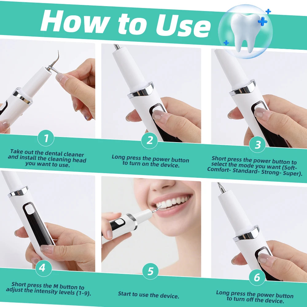 Instructions showing how to use a 5-mode ultrasonic dental scaler with LED light therapy device.