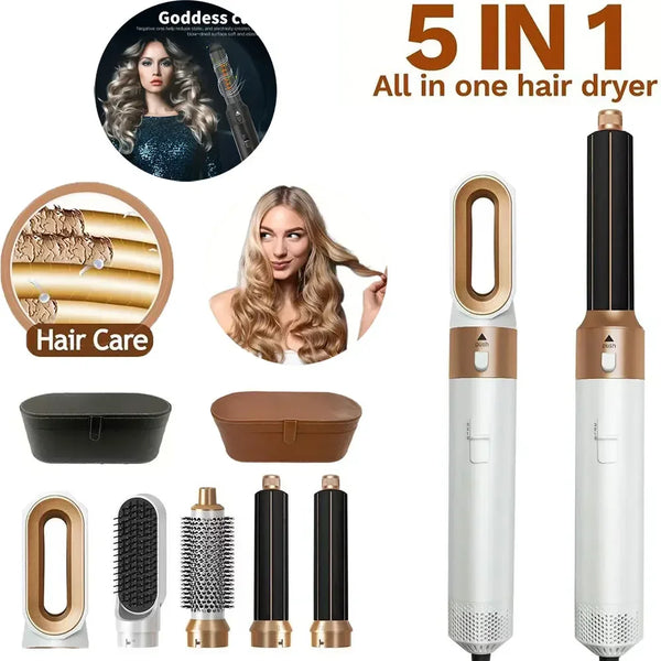 A set of 5 in 1 professional hair dryer brush and straightener tools including a dryer, brush, and straightener.