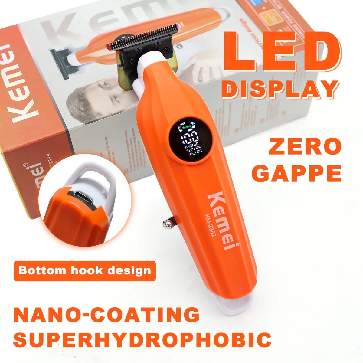 Orange Kemet LED-Haartrimmer mit Bodenhaken-Design und Nano-Beschichtung superhydrophobische Oberfläche