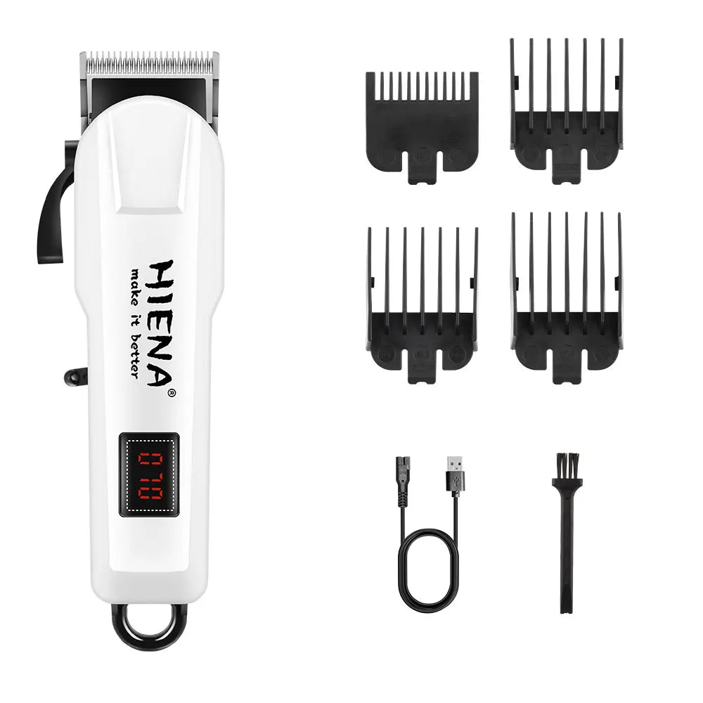 White professional rechargeable hair clipper trimmer with multiple guard attachments and charging cable
