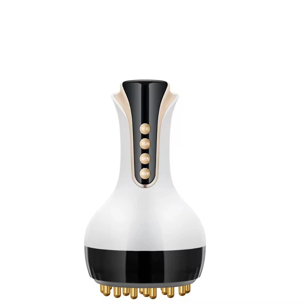 A white and black USB rechargeable cupping gua sha massager with gold accents.