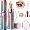 A pink and iridescent electric beauty shaver with various attachments and a mirror shown in detail.