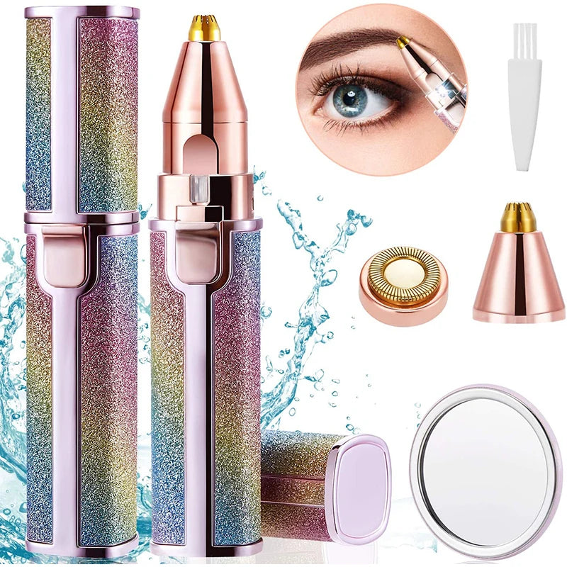 A pink and iridescent electric beauty shaver with various attachments and a mirror shown in detail.