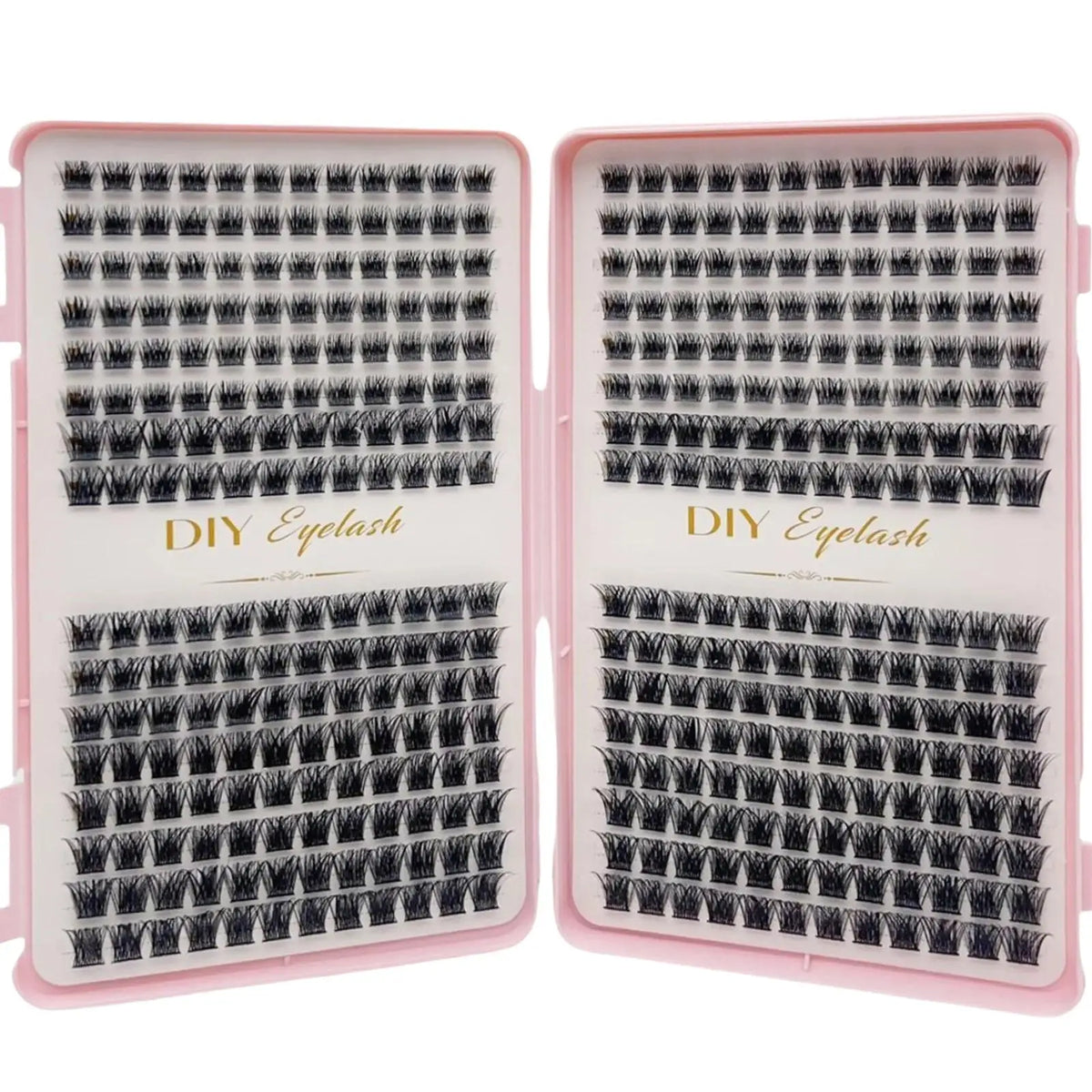 A pair of pink plastic trays containing black bulk cluster eyelash extensions for DIY makeup