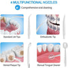 A set of four multifunctional nozzles for comprehensive oral cleaning including standard jet tips, orthodontic tip, dental pl