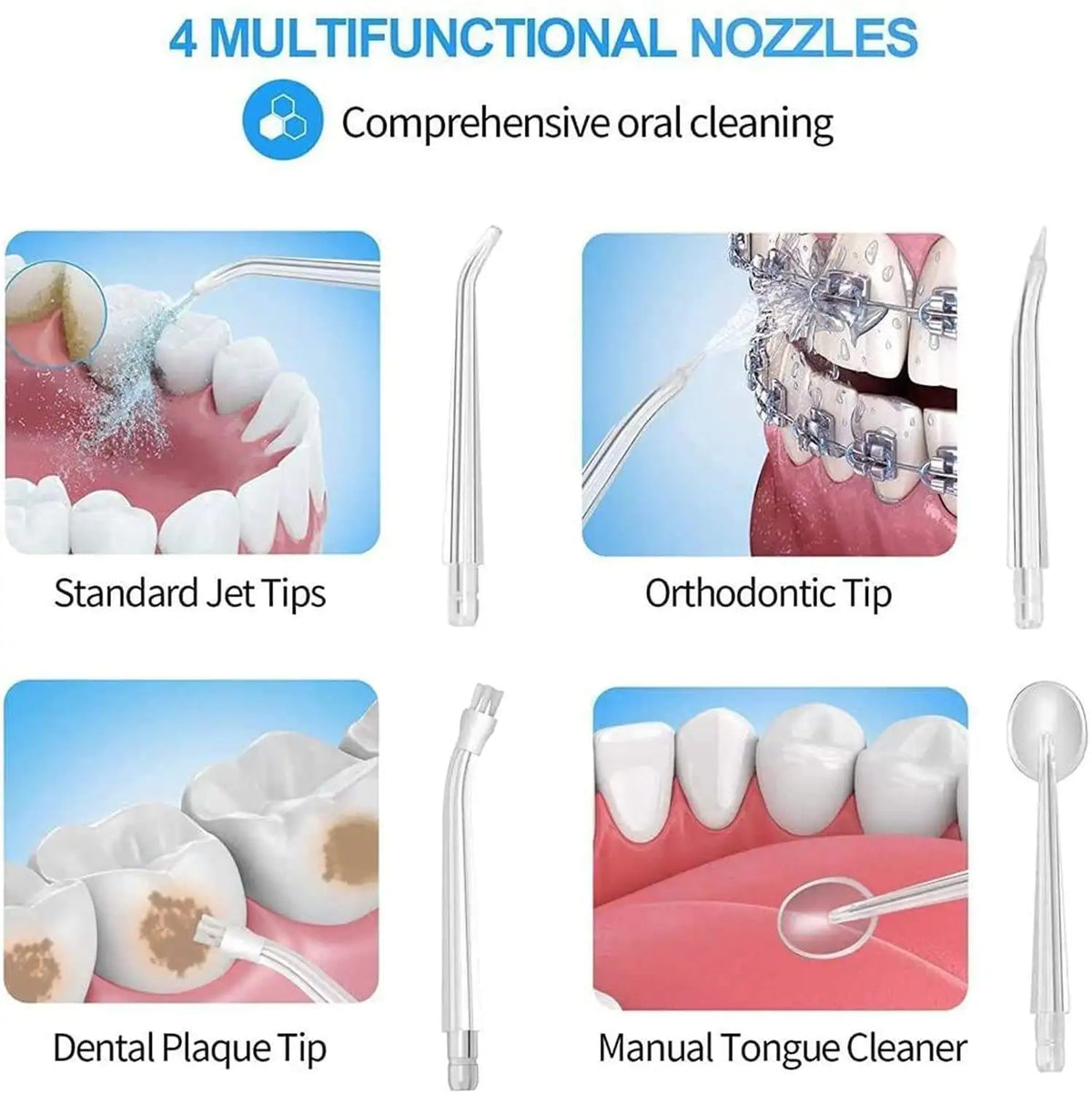 A set of four multifunctional nozzles for comprehensive oral cleaning including standard jet tips, orthodontic tip, dental pl