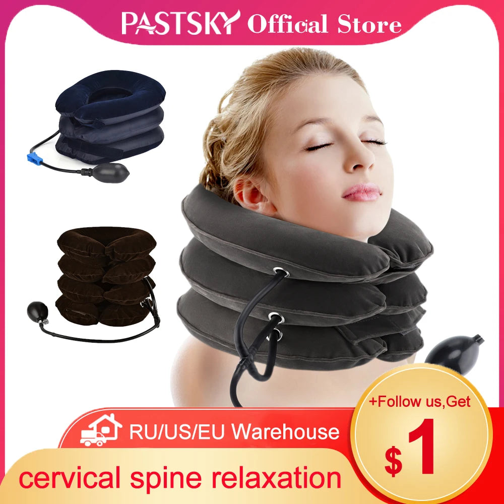 A woman is using a black inflatable cervical spine relaxation neck pillow for pain relief.