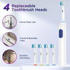 A white electric toothbrush with four replaceable heads is shown next to various usage contexts.