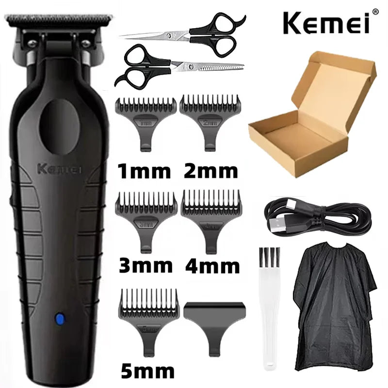 A set of Kemei professional electric hair clippers and various sized guards for trimming hair.