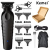 A set of professional cordless hair clippers and trimmers in black, showing various guard sizes from 1mm to 5mm.