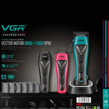 VGR professional rechargeable hair clippers and trimmers in black and pink colors with accessories